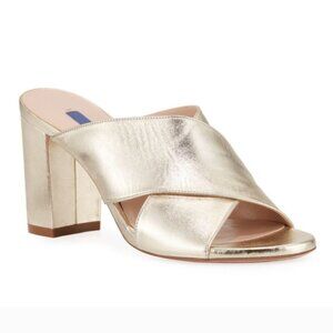 Stuart Weitzman women's 'Galene' gold metallic leather open toe heel sandals 7.5